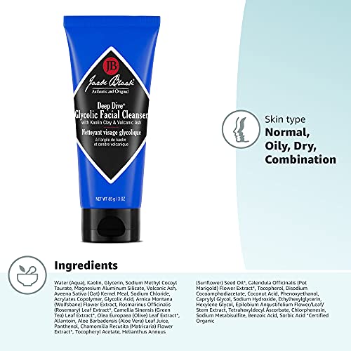 Jack Black - Deep Dive Glycolic Facial Cleanser, 3 Fl Oz – Clay-Based Cleanser, PureScience Formula, Facial Cleanser and Mask, Recommended for Normal, Dry, or Oily Skin, Glycolic Acid