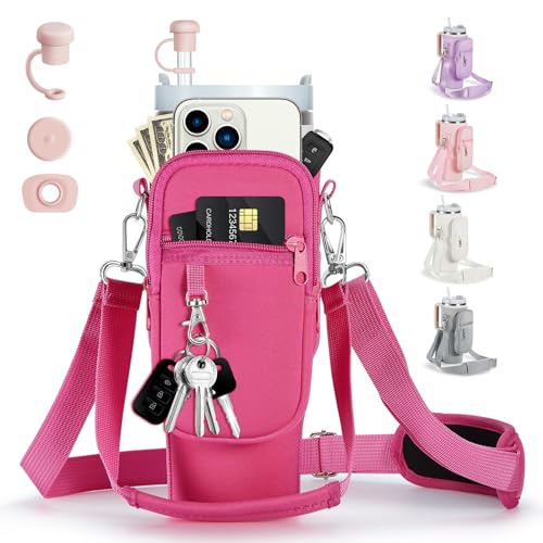 linmaya Water Bottle Carrier Bag with Phone Pocket for Stanley Cup 40/30oz,Insulated Neoprene Water Bottle Holder Cross-boday Bag with Adjustable Shoulder & Handheld Strap Stanley Cup Accessories