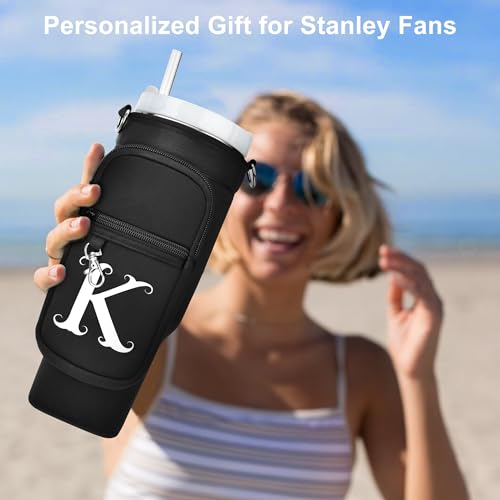 LOKASS Water Bottle Holder with Strap for Stanley Cup 40 oz Tumbler with Handle, Personalized Initial, Water Bottle Carrier Bag with Phone Pocket & Carabiner for Stanley Cup Accessories
