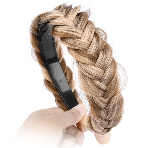 DIGUAN Wide Messy Braided Headband With Teeth Synthetic Hair Plaited Headband High Elasticity Braids Chunky Fishtail Braided Hair Band Hairpiece for Girls Women (Highlighted)