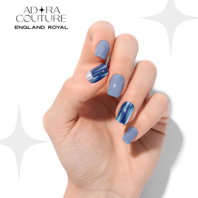Adora Couture Semi Cured Gel Nail Strips with 30 Pieces, Salon Quality Nail Wraps for Women, Blue Glossy with Glitter UV Gel Nail Stickers, UV Light Required, England Royal