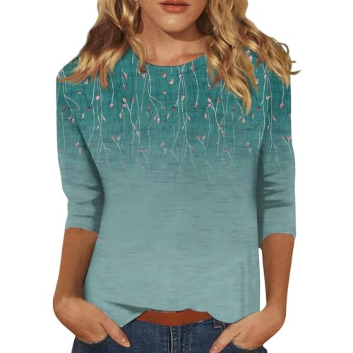 3/4 Length Sleeve Womens Tops 2024 Floral Print Vintage Fashion Casual Loose with Round Neck Plus Size Shirts
