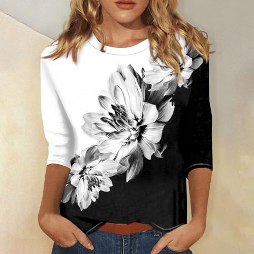 2024 Floral Printed Tops for Women Trendy 3/4 Sleeve Shirts Loose Fit Casual Dressy Blouses Soft Color Block Tees