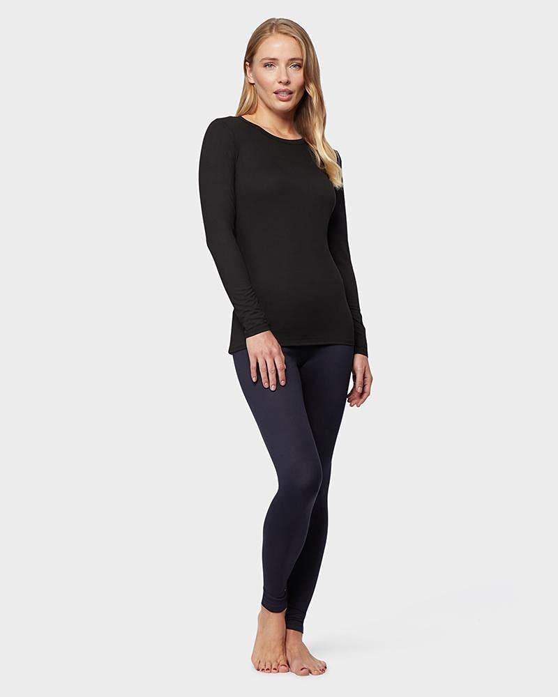 32 DEGREES Heat Womens Ultra Soft Thermal Lightweight Baselayer Crew Neck Long Sleeve Top, Black, X-Large