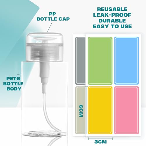 3 Pack Push Down Pump Dispenser,Clear Push Top Empty Bottles with DIY Stickers for Alcohol,Nail Polish,Makeup Remover,Toner (200ml)