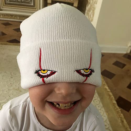 Suillty Unisex Winter Acrylic Knit Cuff Beanie Hat Clown Scary Eyes Embroidery Warm Winter Caps Halloween Hats for Adult Kids White