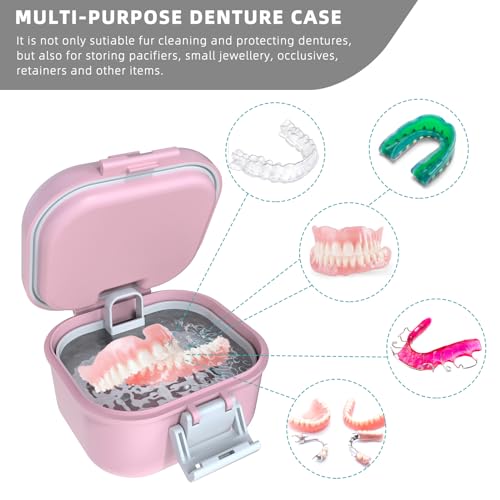 ARGOMAX Leak Proof Denture Bath Cup, Portable Soaking Denture Box, Denture Bath Case with Strainer, for Dentures and Braces, Upgraded Version with Storage Compartment (Pink + White).