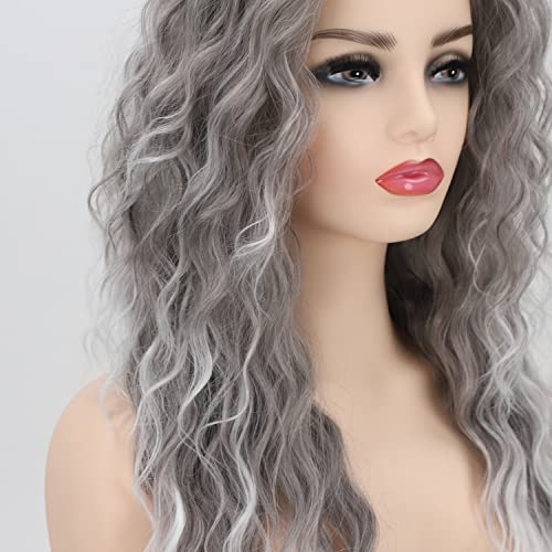 Fencca Grey Long Curly Wig Synthetic Mixed Gray Wave hair for Women Free Part Full Layered Long Wavy Grey Wig