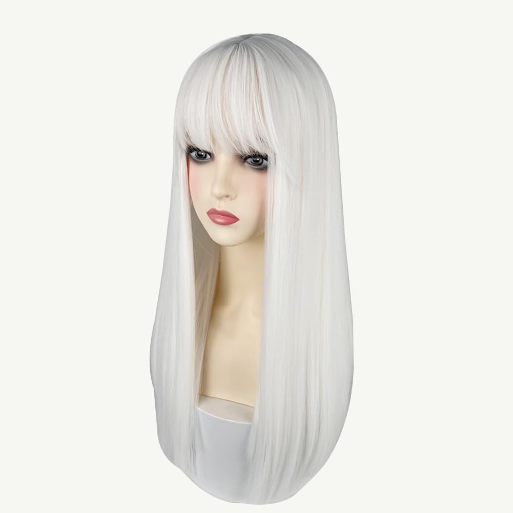 URCGTSA 22 Inches long Hair Wig for Women Black Synthetic Hair Natural Long Straight Wig With Bangs Party Cosplay Wig for Girl (White)