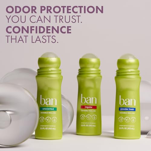 Ban Invisible Roll-on Antiperspirant Deodorant for Women and Men, 24-hour Underarm Odor & Sweat Protection, Satin Breeze, 3.5 Oz, Pack of 4