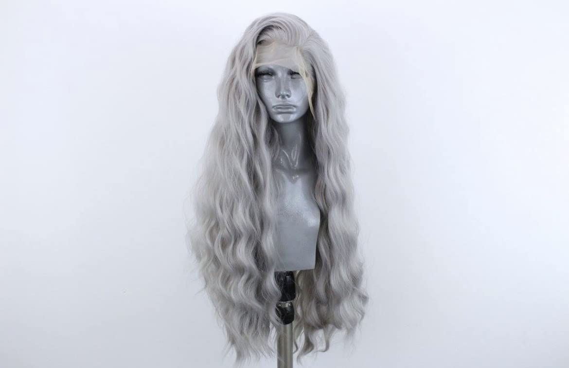 WXHWCX Grey Long Curly Synthetic Lace Front Wigs for Women Middle Part Natural Hairline Lace Wigs Daily Party Use
