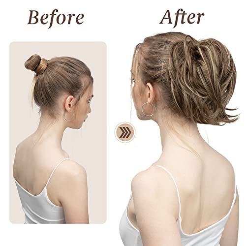 SARLA 2PCS Messy Hair Bun Hair Pieces Wavy Curly Synthetic Updo Fake Scrunchies Ponytail Extension for Women Dark Grey