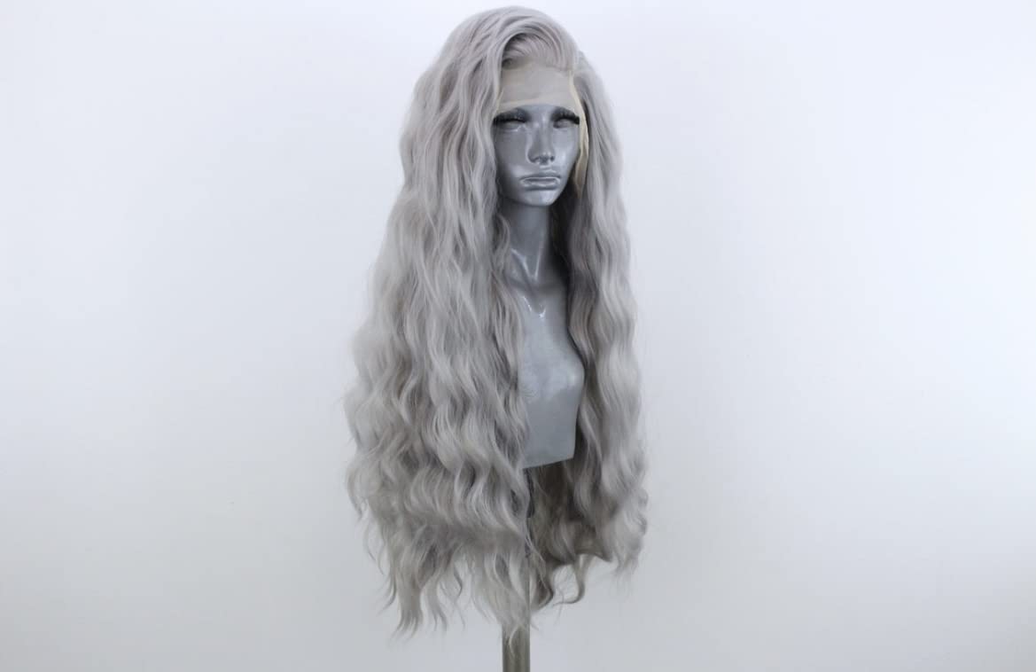 WXHWCX Grey Long Curly Synthetic Lace Front Wigs for Women Middle Part Natural Hairline Lace Wigs Daily Party Use