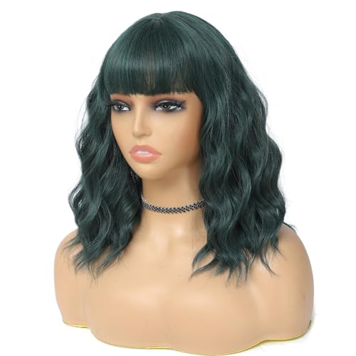 BEAUTIFA Dark Green Wig with Bangs for Women 14 Inch Shoulder Length Green Wigs Short Bob Wavy Curly Wig Heat Resistant Synthetic Colorful Wig