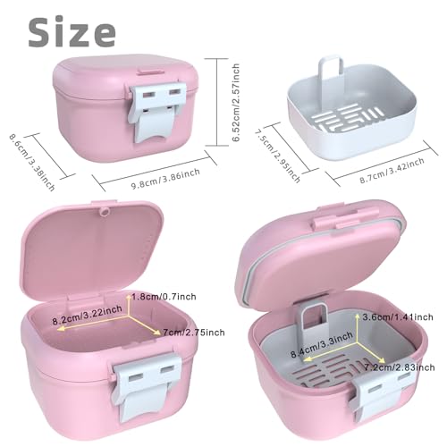 ARGOMAX Leak Proof Denture Bath Cup, Portable Soaking Denture Box, Denture Bath Case with Strainer, for Dentures and Braces, Upgraded Version with Storage Compartment (Pink + White).