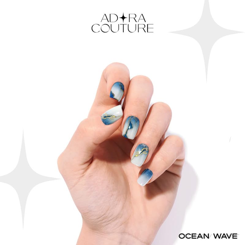 Adora Couture Semi Cured Gel Nail Strips with 20 Pieces, Salon Quality Nail Wraps for Women, Gold Foil Gradient Blue UV Gel Nail Stickers, UV Light Required, Ocean Wave