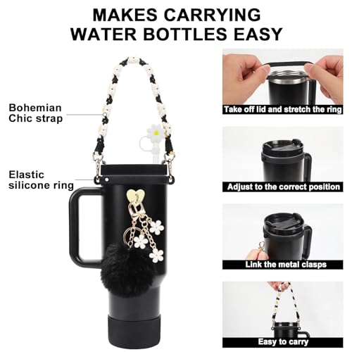 Stanley Cup Accessories Set Including Water Bottle Handle Strap, Siliocne Stanley Cup Boot, Siliocne Straw Cover, Stanley Charms for Stanley Cup 40oz & 30oz Tumbler (Almond Rose)