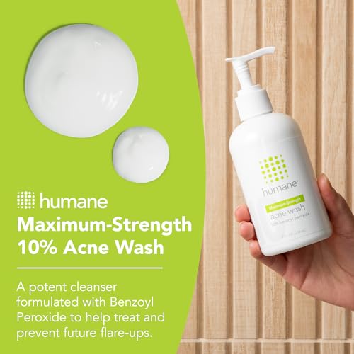 humane Benzoyl Peroxide Acne Body Wash - 10% Maximum-Strength Acne Treatment for Face, Skin, Butt, Back and Body - 8 Fl Oz - Dermatologist-Tested Non-Foaming Cleanser - Vegan, Cruelty-Free