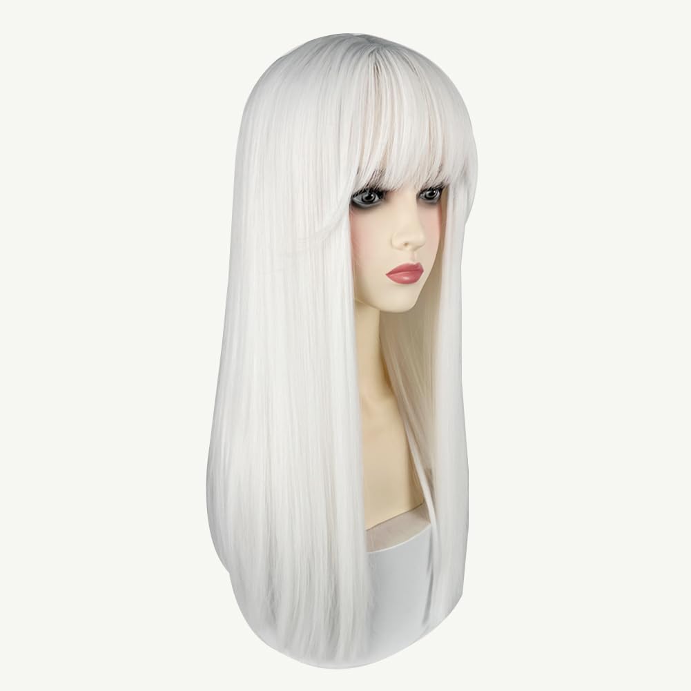 URCGTSA 22 Inches long Hair Wig for Women Black Synthetic Hair Natural Long Straight Wig With Bangs Party Cosplay Wig for Girl (White)