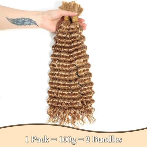 Habiliana Deep Curly Braiding Human Hair 100g 16 Inch Color 27 Honey Blonde Deep Water Wave Bulk Human Hair for Braiding No Weft Brazilian Virgin Deep Curly Human Hair Extensions for Boho Braids
