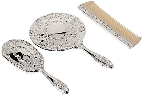 3 pc Silver Chrome Girls Vanity Set Comb Brush Mirror.