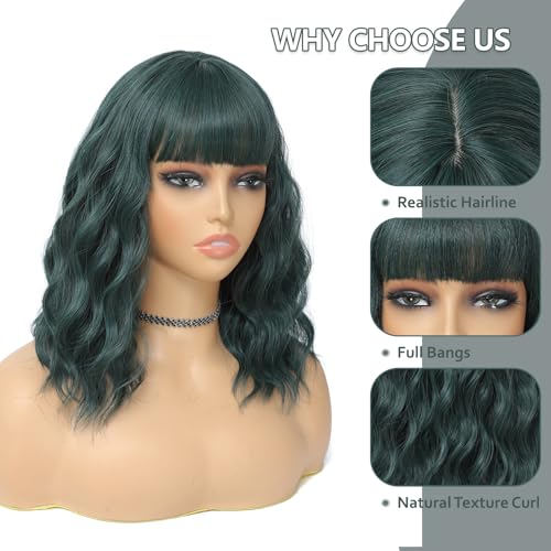 BEAUTIFA Dark Green Wig with Bangs for Women 14 Inch Shoulder Length Green Wigs Short Bob Wavy Curly Wig Heat Resistant Synthetic Colorful Wig