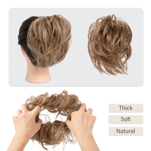 SARLA 2PCS Messy Hair Bun Hair Pieces Wavy Curly Synthetic Updo Fake Scrunchies Ponytail Extension for Women Dark Grey