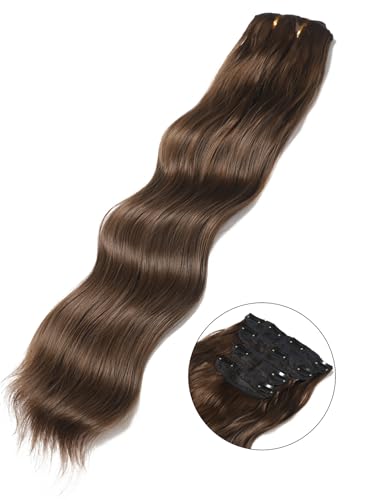 Blonde Hair Extensions, 20inch 4PCS Long Wavy Curly Clip in Hair Extensions Natural Soft Synthetic Hairpieces for Women (Chocolate Brown)