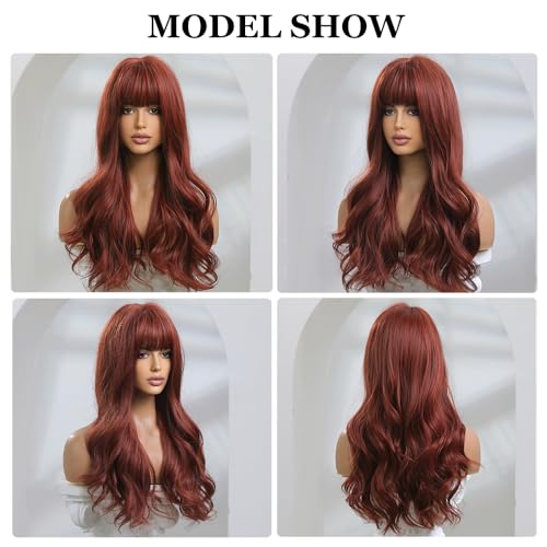 Esmee 24 Inches Long Wavy Wine Red Wigs for Women Natural Synthetic Hair Heat Resistant Wigs with Bangs for Daily Party Cosplay Use (Burgundy)