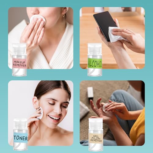 3 Pack Push Down Pump Dispenser,Clear Push Top Empty Bottles with DIY Stickers for Alcohol,Nail Polish,Makeup Remover,Toner (200ml)