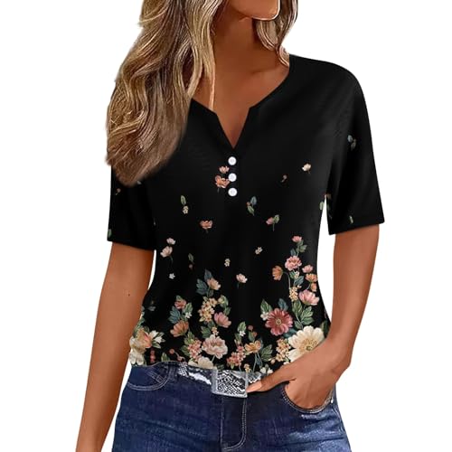 GZPINLU 2024 Day Deals Prime Today,Summer Tops for Women 2024 Trendy Floral Print Button V Neck T Shirts Short Sleeve Plus Size Cute Going Out Travel Outfits Blusas Casuales De Mujer (Multicolor,L)