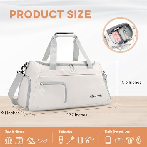 Gym Duffle Bag for Women - JELUTAR Small Carry on Travel Tote Bags Weekender Bags for Personal Item/Sports Gear with Shoe Compartment&Wetproof Pocket (Beige)