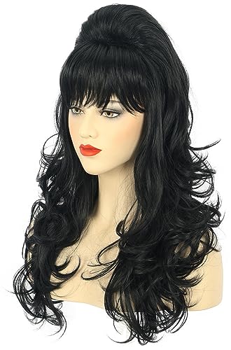 karlery Adult Women Long Wavy Black Wig Bouffant Beehive Wig 60s 70s Themed Party Costume Wig