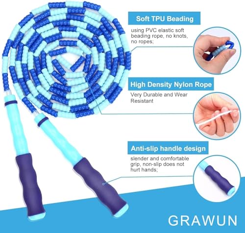 GRAWUN Jump Rope For Kids, Soft Beaded Jump Rope, Adjustable Length Tangle-Free Segmented Soft Beaded Skipping Rope, for Women, Men and Kids Keeping Fit, Workout and Weight Loss