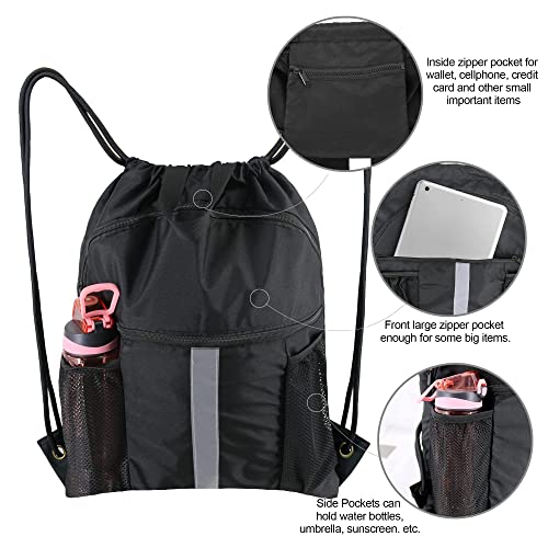 BeeGreen Orange Drawstring Backpack Bag with Shoe Compartment X-Large Black Gym Sports String Cinch Backpack Athletic Sackpack with Front Inside Zipper Pockets