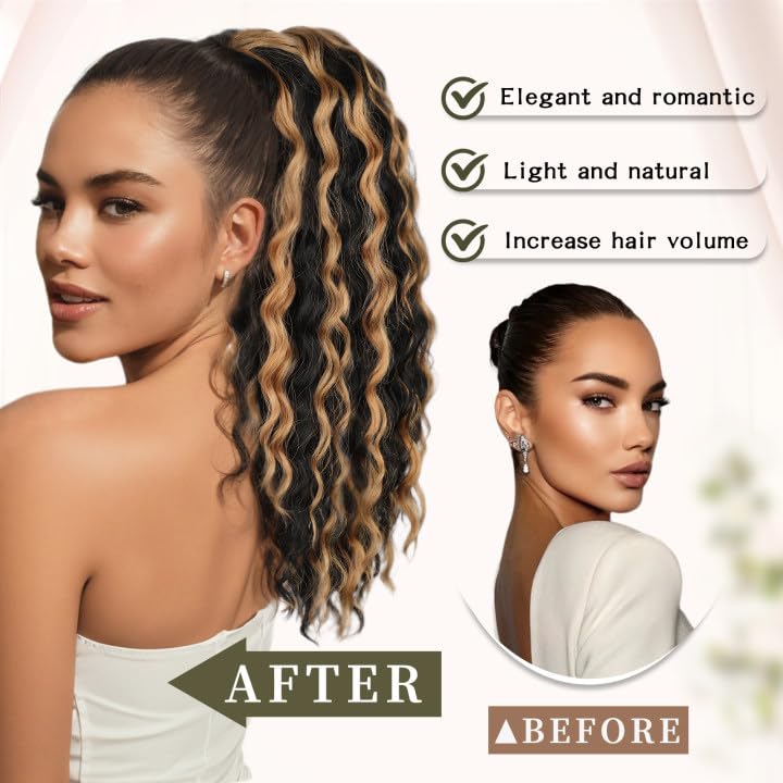 SHNMIN Ponytail Extension, Curly Drawstring Ponytail Extension for Women 18 Inch Curly Wavy Ponytail Yaki Textured Natural Fluffy Synthetic Hairpiece for Daily Use