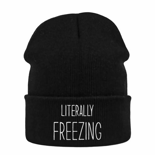 Winter Hat Beanie for Men Women Literally Freezing Funny Slouchy Knit Cuffed Beanie Skull Cap Hat Custom Unisex Warm Soft Headwear - Birthday Christmas White Elephant Gifts for Mom Dad Wife Husband