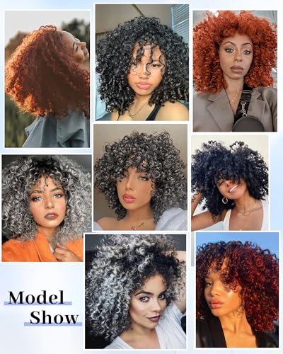 Marshey Afro Curly Wigs with Bangs for Black Women Kinky Curly Synthetic Hair Heat Resistant 12 Inch Short Ginger Wig for Daily Party (Black)