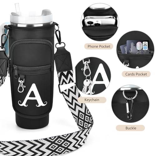 LOKASS Water Bottle Holder with Strap for Stanley Cup 40 oz Tumbler with Handle, Personalized Initial, Water Bottle Carrier Bag with Phone Pocket & Carabiner for Stanley Cup Accessories