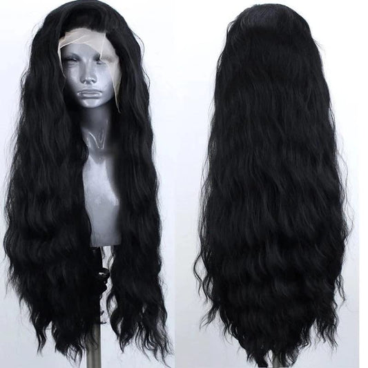 WXHWCX Long Black Middle Part Wavy Wig For Women Heat Resistant Fiber Hair Synthetic Lace Front Wigs Daily Party Use Wigs