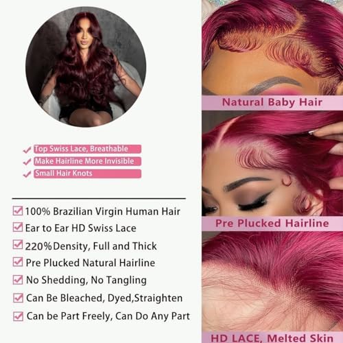 99j Burgundy Lace Front Wigs Human Hair 220 Density 13x6 Body Wave Lace Front Wigs Human Hair Pre Plucked Hd Lace Front Wig for Women Wine Red Brazilian Human Hair Wigs Red Wig 20 Inch