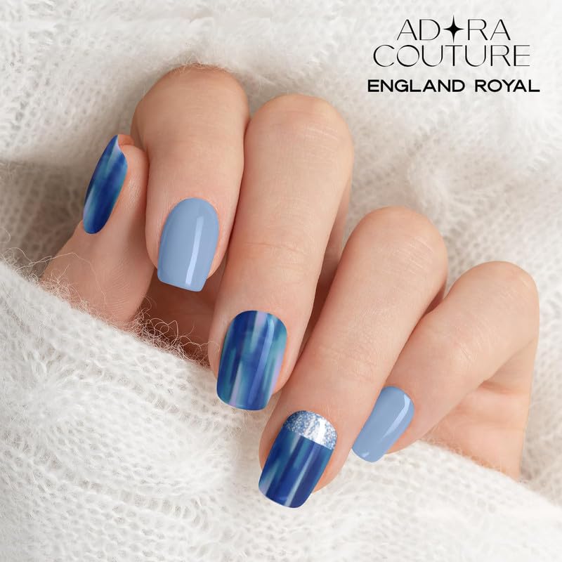 Adora Couture Semi Cured Gel Nail Strips with 30 Pieces, Salon Quality Nail Wraps for Women, Blue Glossy with Glitter UV Gel Nail Stickers, UV Light Required, England Royal