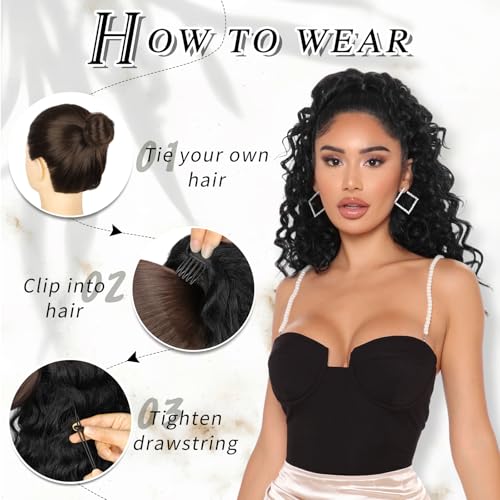 HMD Curly Ponytail Extension Drawstring Ponytail for Black Women Black Mixed Ginger Curly Clip in Hair Extensions 22 Inch Ponytail Extension Synthetic Hairpiece for Daily Party
