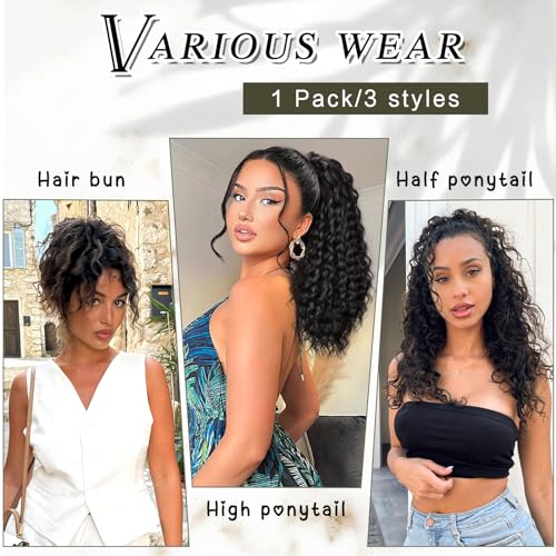 HMD Curly Ponytail Extension Drawstring Ponytail for Black Women Black Mixed Ginger Curly Clip in Hair Extensions 22 Inch Ponytail Extension Synthetic Hairpiece for Daily Party