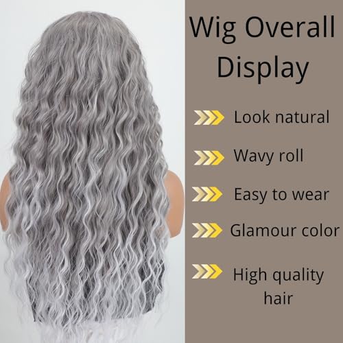 Fencca Grey Long Curly Wig Synthetic Mixed Gray Wave hair for Women Free Part Full Layered Long Wavy Grey Wig