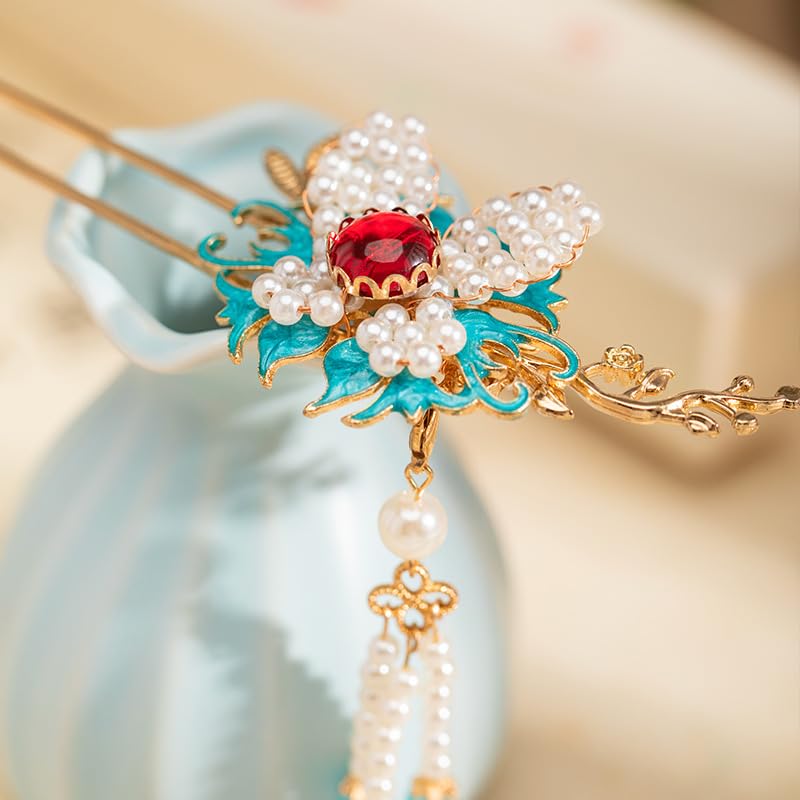 Rabithenn Burning Blue Branches with Butterfly and Pearl Tassels Chinese Hanfu Hair Clip Hair Accessories for Women Girls Long Hair (Burning Blue Branches)
