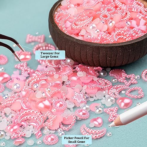 600Pcs 3D Multi Shapes Nail Charms and Flatback Pearls, Light Pink&White Mix Styles Heart Star Bow Sunflower Embellishments for Nail Art, Craft and Decoration with Tweezer and Pickup Pencil
