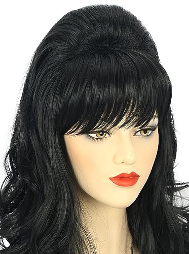 karlery Adult Women Long Wavy Black Wig Bouffant Beehive Wig 60s 70s Themed Party Costume Wig