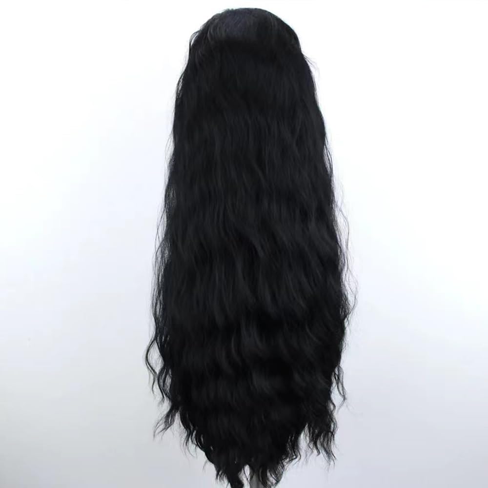 ELESTY 13 * 4 Long Wavy Black Hair Synthetic Lace Front Wigs for Women Loose Curly Natural Hairline Heat Resistant Fiber Lace Front Wigs Water Wave Free Part Glueless Wigs Cosplay Dairly Use 24Inch