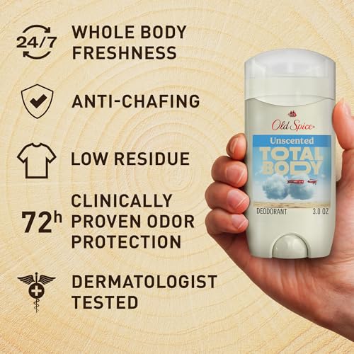 Old Spice Whole Body Deodorant for Men, Total Body Deodorant, Unscented, Aluminum Free Deodorant Stick for 24/7 Freshness // Dermatologist Tested Whole Body Deodorant, 3.0 oz
